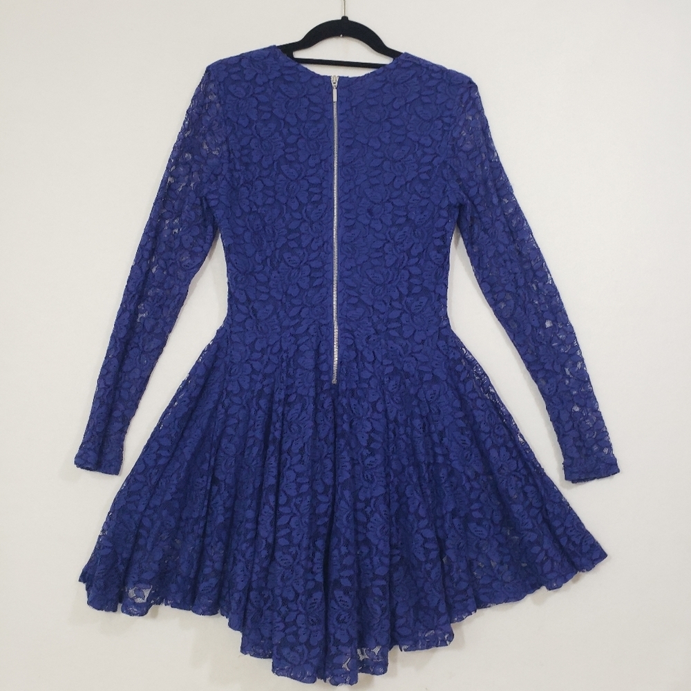H&M Royal Skater Dress  blue lace overlay mini flowy long sleeved Fit & Flare - Picture 6 of 8